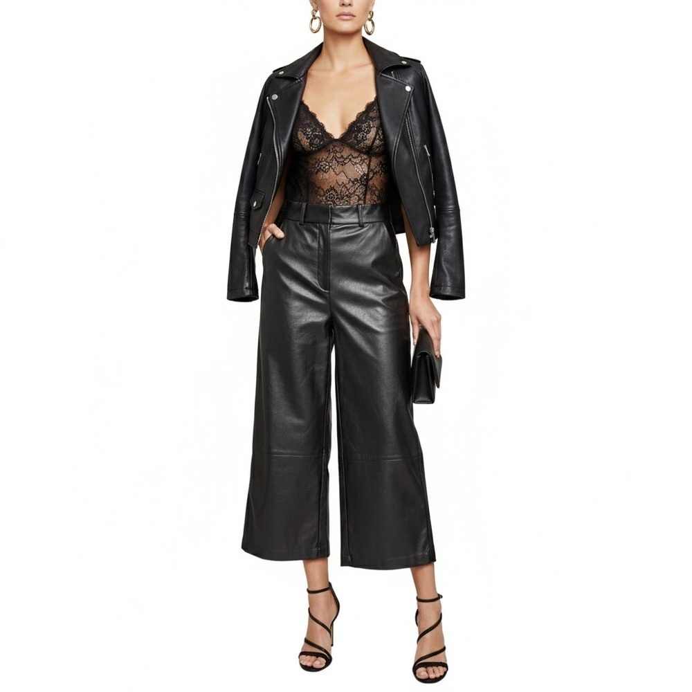 H&M Faux Vegan Leather Cropped Pants Black High Rise Size 6 Wide Leg